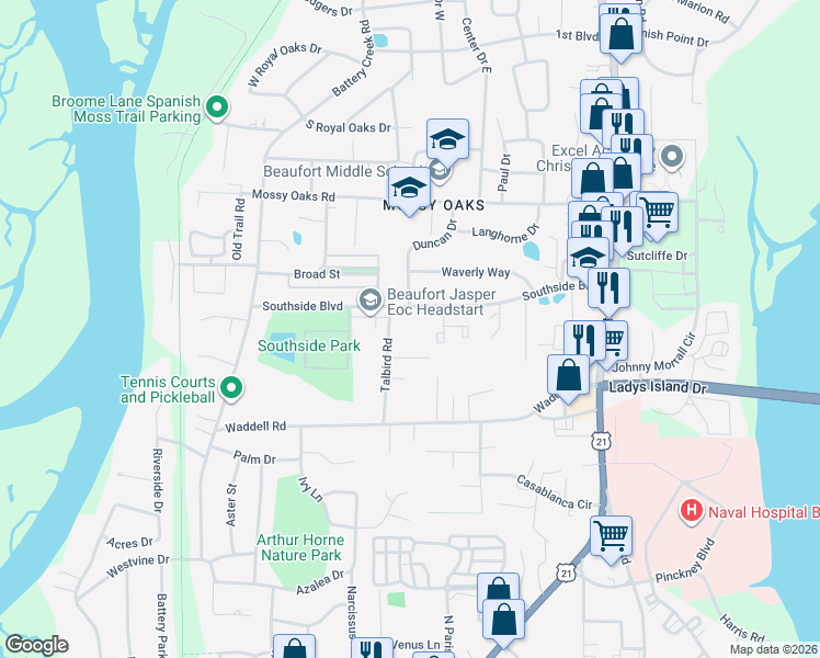 map of restaurants, bars, coffee shops, grocery stores, and more near 2607 Southside Boulevard in Beaufort
