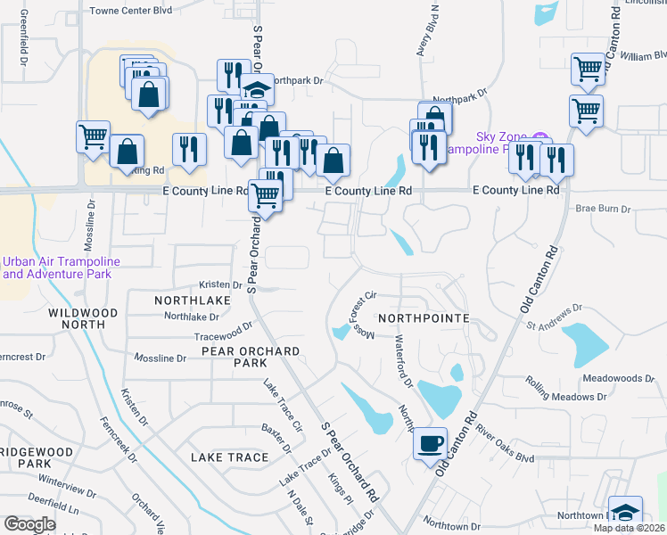 map of restaurants, bars, coffee shops, grocery stores, and more near 108 Hampton Circle in Jackson