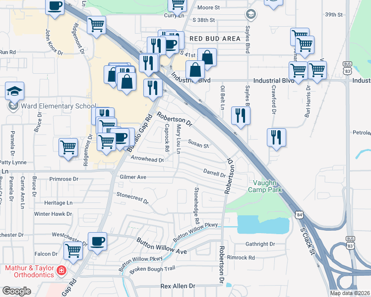 map of restaurants, bars, coffee shops, grocery stores, and more near 2718 Susan Street in Abilene