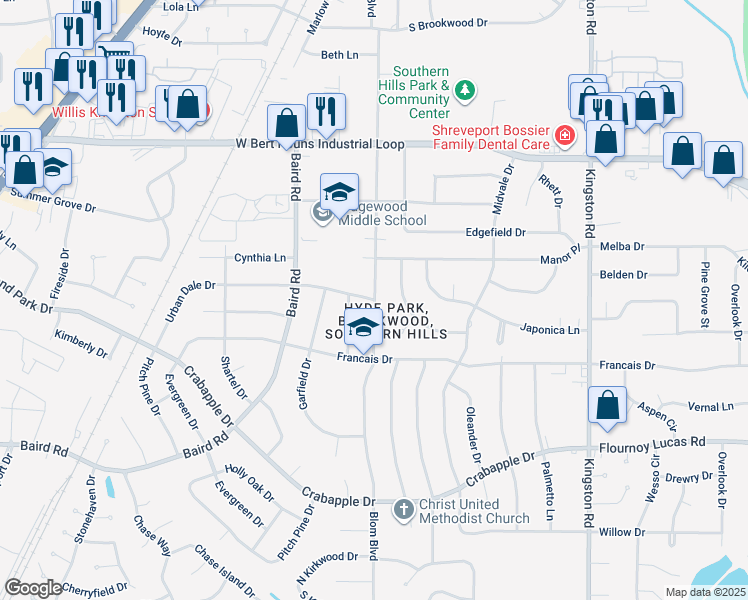 map of restaurants, bars, coffee shops, grocery stores, and more near 2001 Urbandale Street in Shreveport