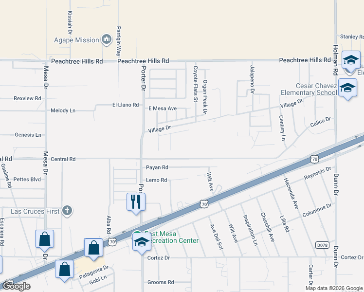 map of restaurants, bars, coffee shops, grocery stores, and more near 7202-7208 Village Drive in Las Cruces