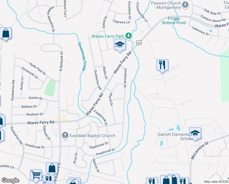 map of restaurants, bars, coffee shops, grocery stores, and more near 6304 Wares Ferry Road in Montgomery