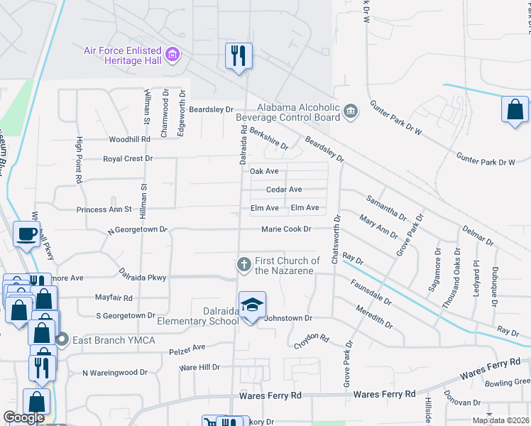 map of restaurants, bars, coffee shops, grocery stores, and more near 3813 Elm Avenue in Montgomery