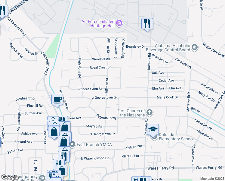map of restaurants, bars, coffee shops, grocery stores, and more near 3621 Princess Ann Street in Montgomery