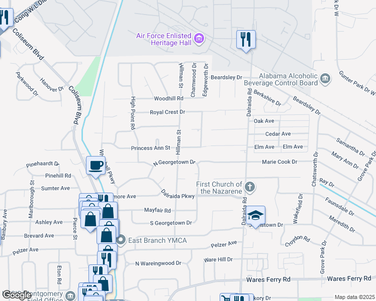 map of restaurants, bars, coffee shops, grocery stores, and more near 3621 Princess Ann Street in Montgomery