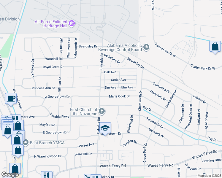 map of restaurants, bars, coffee shops, grocery stores, and more near 3824 Elm Avenue in Montgomery