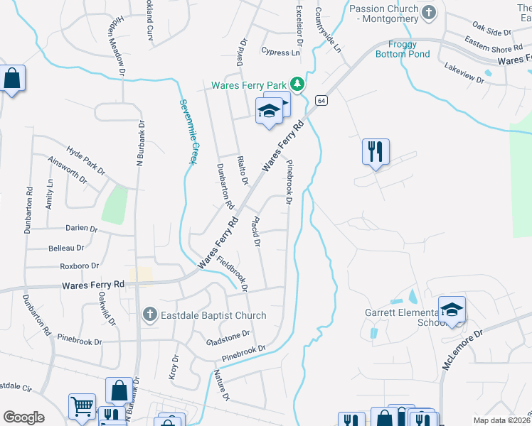 map of restaurants, bars, coffee shops, grocery stores, and more near 732 Placid Drive in Montgomery