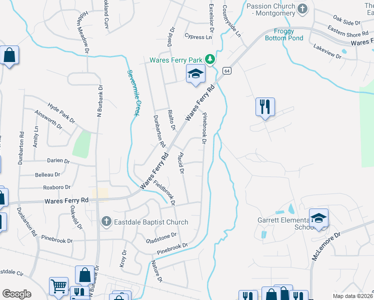 map of restaurants, bars, coffee shops, grocery stores, and more near 6304 Wares Ferry Road in Montgomery