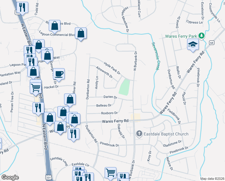 map of restaurants, bars, coffee shops, grocery stores, and more near 832 Balfour Road in Montgomery