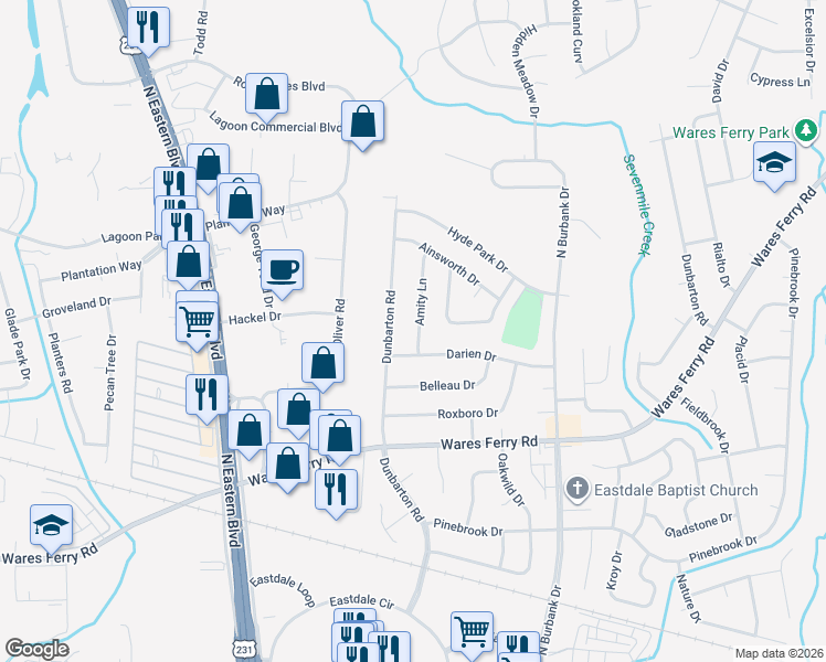 map of restaurants, bars, coffee shops, grocery stores, and more near 724 Amity Lane in Montgomery