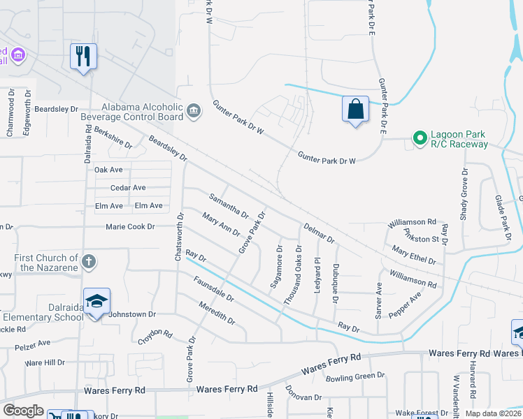 map of restaurants, bars, coffee shops, grocery stores, and more near 4230-4236 Beardsley Drive in Montgomery