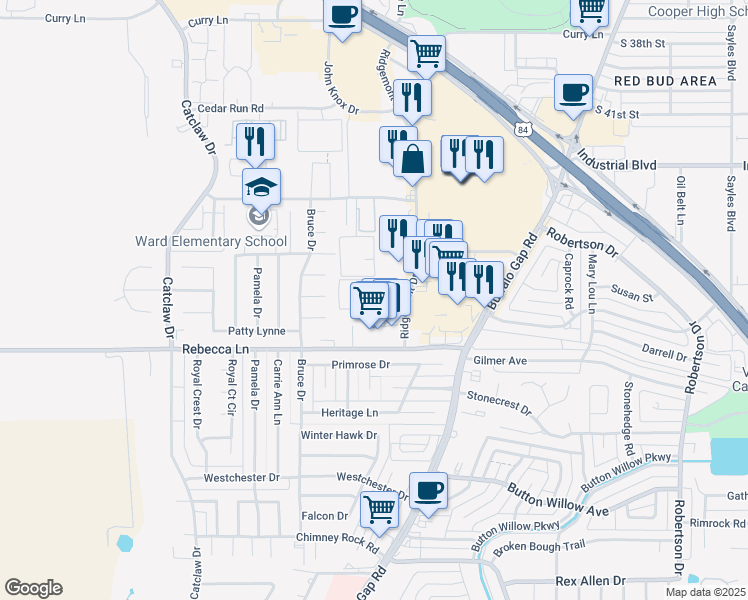 map of restaurants, bars, coffee shops, grocery stores, and more near 4450 Ridgemont Drive in Abilene