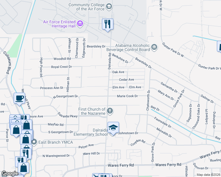 map of restaurants, bars, coffee shops, grocery stores, and more near 708 Dalraida Road in Montgomery