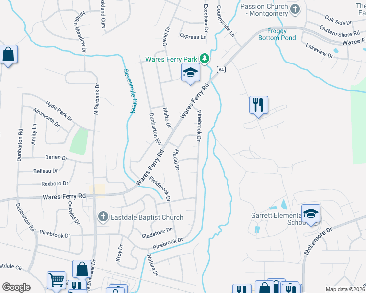 map of restaurants, bars, coffee shops, grocery stores, and more near 732 Placid Drive in Montgomery