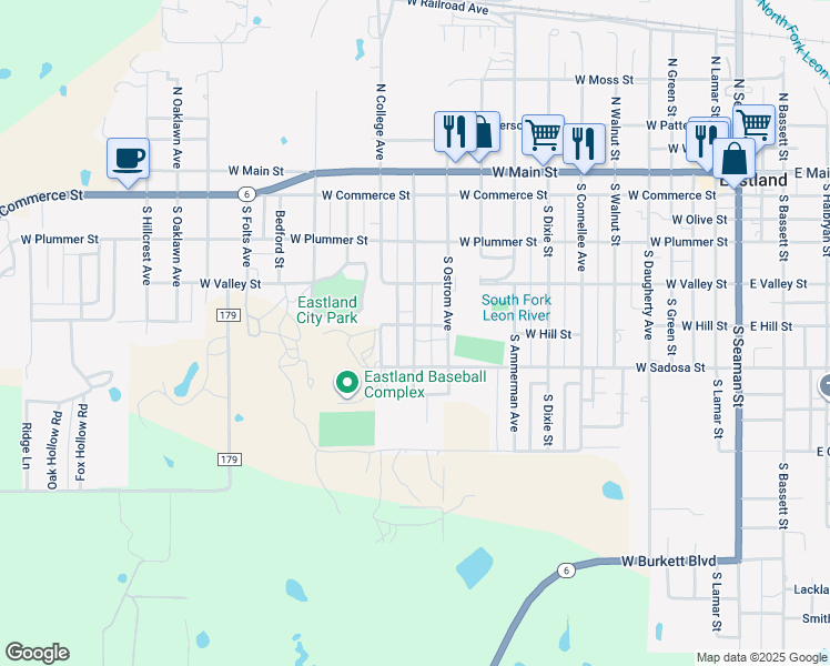 map of restaurants, bars, coffee shops, grocery stores, and more near 516 South Madera Street in Eastland