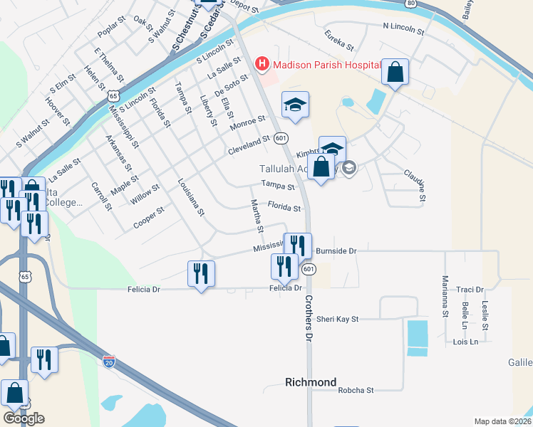 map of restaurants, bars, coffee shops, grocery stores, and more near 1319 Florida Street in Tallulah