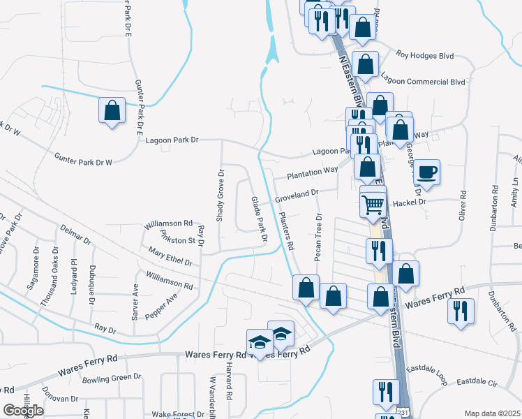 map of restaurants, bars, coffee shops, grocery stores, and more near 601 Glade Park Drive in Montgomery