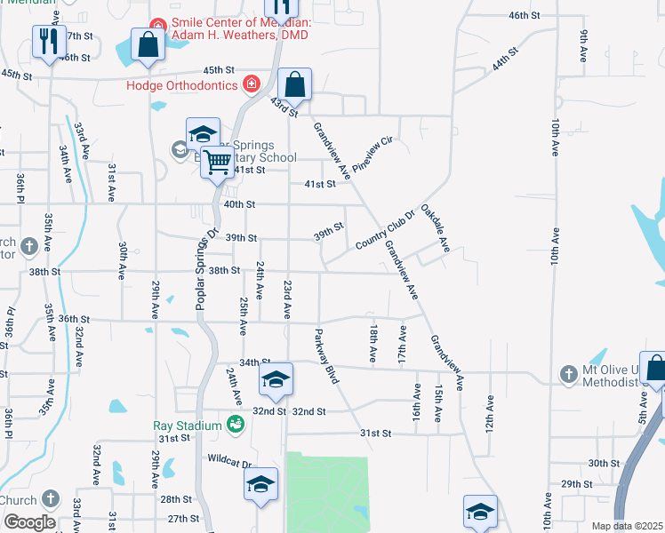 map of restaurants, bars, coffee shops, grocery stores, and more near 2020 Country Club Drive in Meridian
