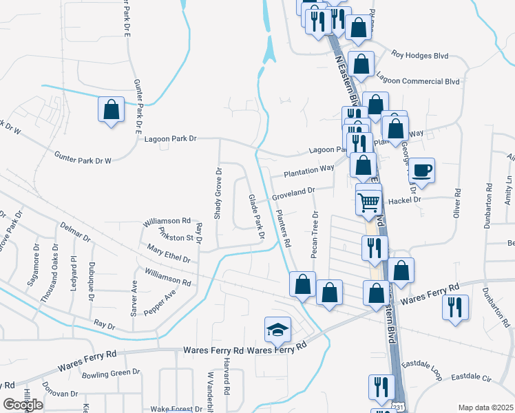 map of restaurants, bars, coffee shops, grocery stores, and more near 601 Glade Park Drive in Montgomery
