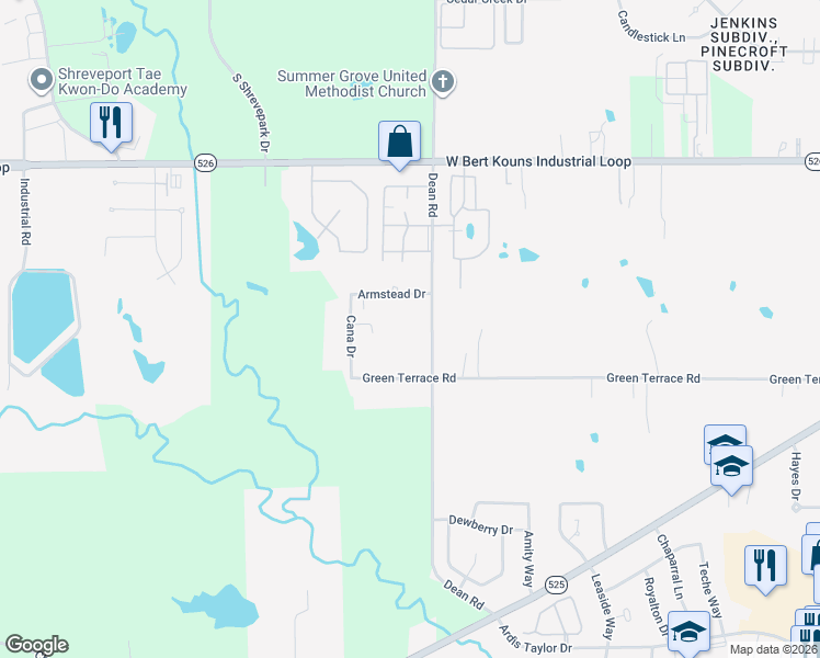 map of restaurants, bars, coffee shops, grocery stores, and more near 9330 Dean Rd in Shreveport