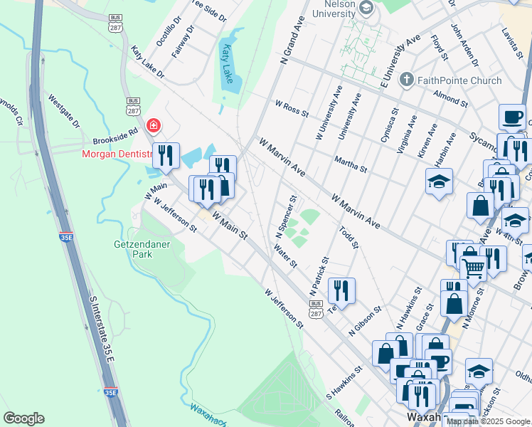 map of restaurants, bars, coffee shops, grocery stores, and more near 219 Highland Avenue in Waxahachie