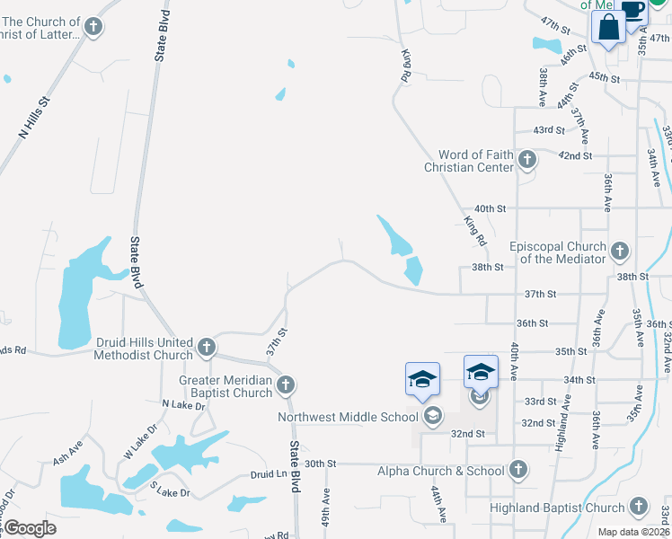 map of restaurants, bars, coffee shops, grocery stores, and more near 4803 37th Street in Meridian