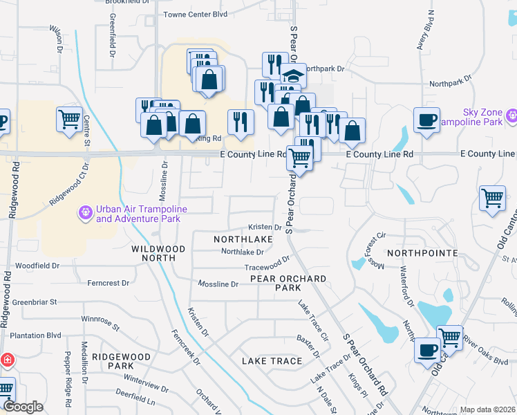 map of restaurants, bars, coffee shops, grocery stores, and more near 1525 Northlake Circle in Jackson