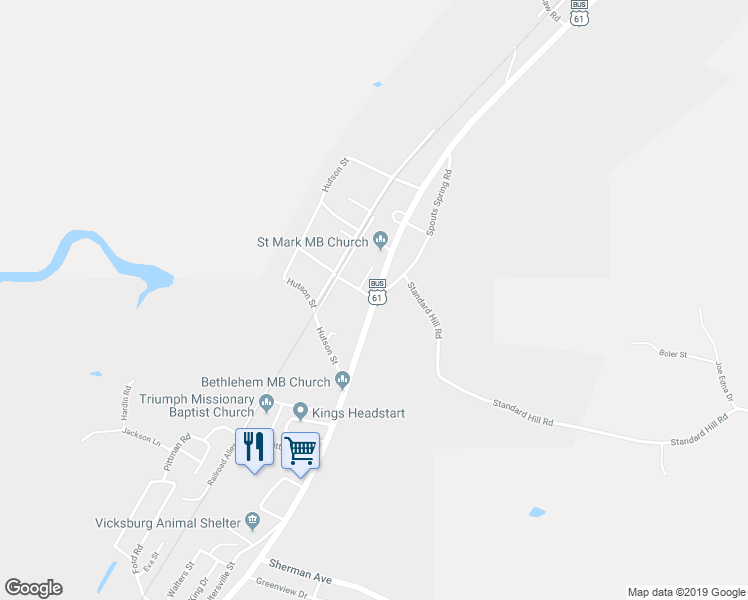 map of restaurants, bars, coffee shops, grocery stores, and more near 3301 North Washington Street in Vicksburg