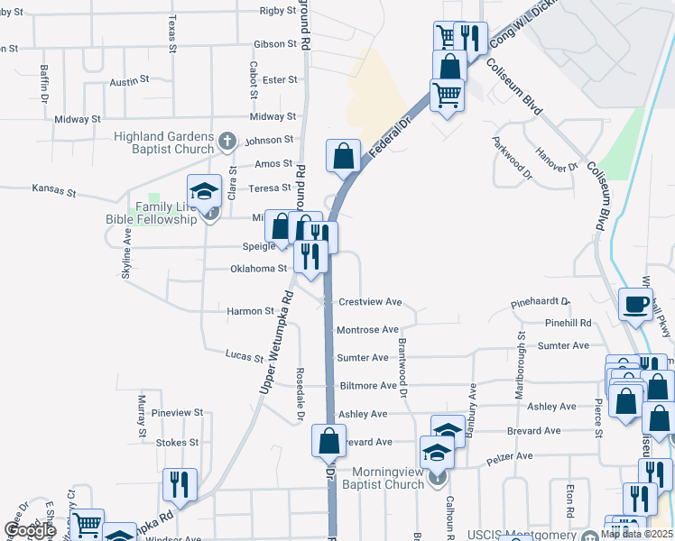 map of restaurants, bars, coffee shops, grocery stores, and more near 1318 Federal Drive in Montgomery