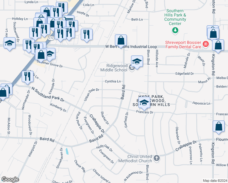 map of restaurants, bars, coffee shops, grocery stores, and more near 2115 Urban Dale Drive in Shreveport