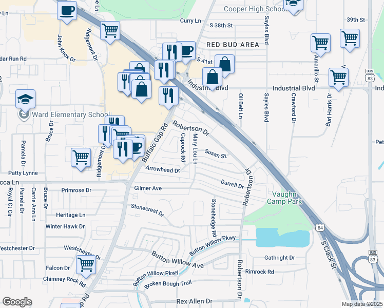 map of restaurants, bars, coffee shops, grocery stores, and more near 4402 Mary Lou Lane in Abilene