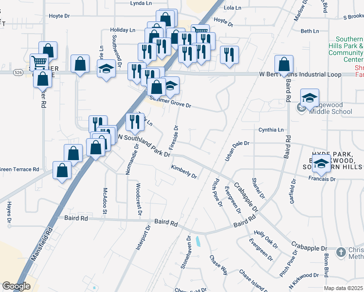 map of restaurants, bars, coffee shops, grocery stores, and more near 1129 Cloverdale Drive in Shreveport