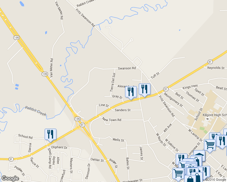 map of restaurants, bars, coffee shops, grocery stores, and more near 1706 Tierra Del Sol in Kilgore