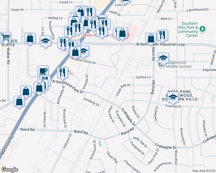 map of restaurants, bars, coffee shops, grocery stores, and more near 2305 Dundee Circle in Shreveport