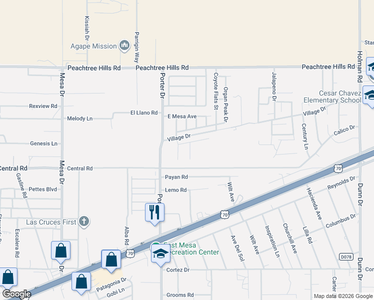 map of restaurants, bars, coffee shops, grocery stores, and more near 5714 Organ Peak Drive in Las Cruces