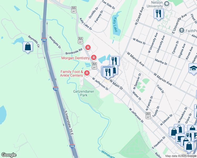 map of restaurants, bars, coffee shops, grocery stores, and more near 1408 West Jefferson Street in Waxahachie