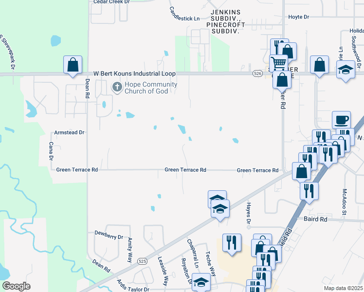 map of restaurants, bars, coffee shops, grocery stores, and more near 3204 Green Terrace Rd in Shreveport