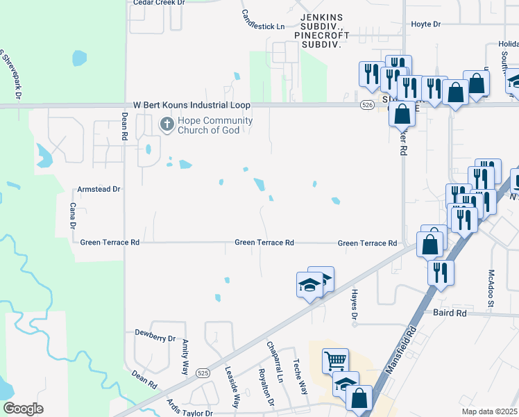 map of restaurants, bars, coffee shops, grocery stores, and more near 3204 Green Terrace Road in Shreveport