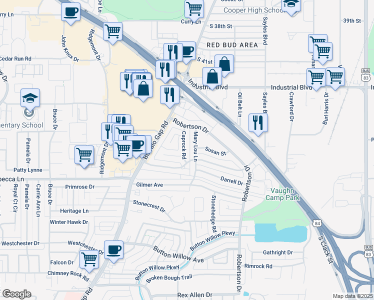 map of restaurants, bars, coffee shops, grocery stores, and more near 4409 Caprock Road in Abilene