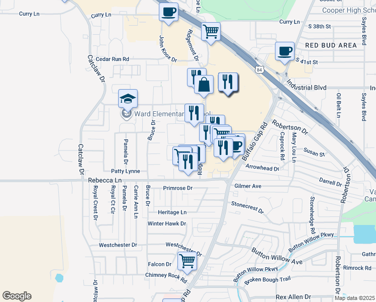 map of restaurants, bars, coffee shops, grocery stores, and more near 4450 Ridgemont Drive in Abilene