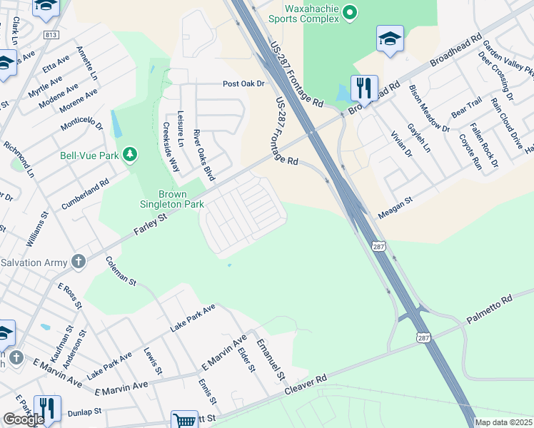 map of restaurants, bars, coffee shops, grocery stores, and more near 184 Snapdragon Lane in Waxahachie