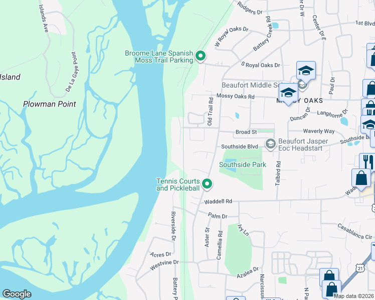 map of restaurants, bars, coffee shops, grocery stores, and more near 11 State Road S-7-601 in Beaufort
