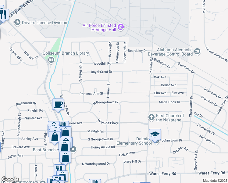 map of restaurants, bars, coffee shops, grocery stores, and more near 3615 Princess Ann Street in Montgomery