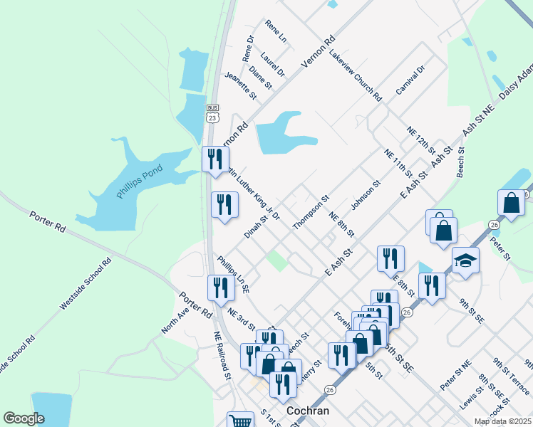 map of restaurants, bars, coffee shops, grocery stores, and more near 154 Martin Luther King Junior Drive in Cochran
