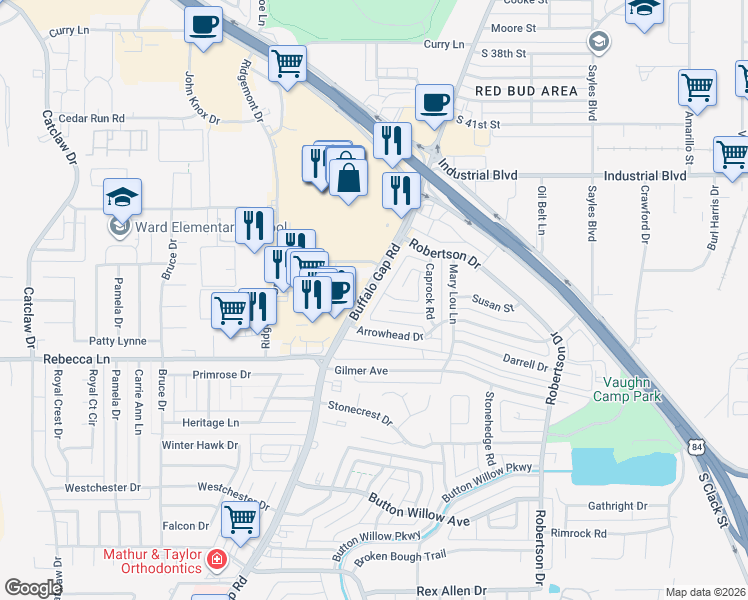 map of restaurants, bars, coffee shops, grocery stores, and more near 4409 Flintrock Drive in Abilene