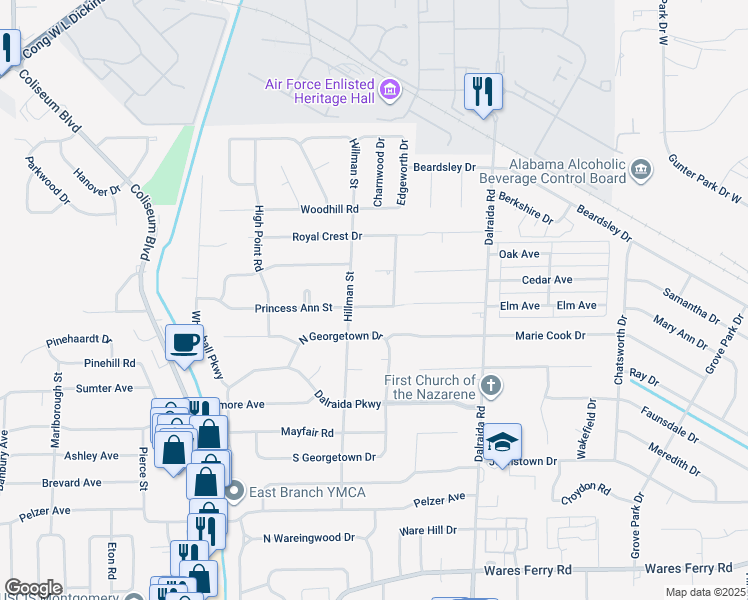 map of restaurants, bars, coffee shops, grocery stores, and more near 3621 Princess Ann Street in Montgomery