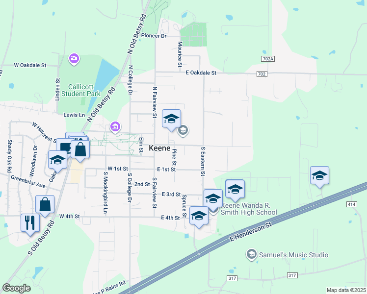 map of restaurants, bars, coffee shops, grocery stores, and more near 305B Pecan Street in Keene