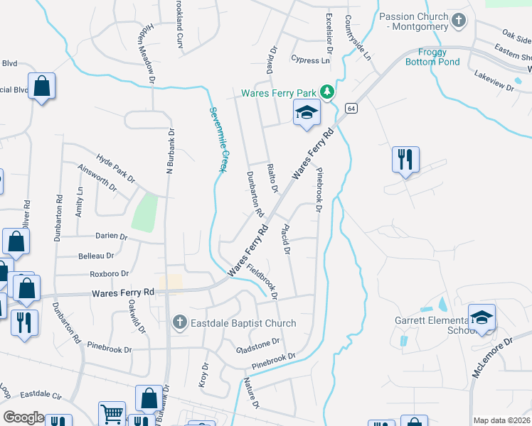 map of restaurants, bars, coffee shops, grocery stores, and more near 1444 Dunbarton Road in Montgomery