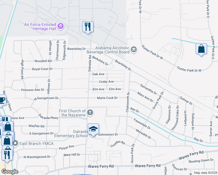 map of restaurants, bars, coffee shops, grocery stores, and more near 701 Orchard Avenue in Montgomery
