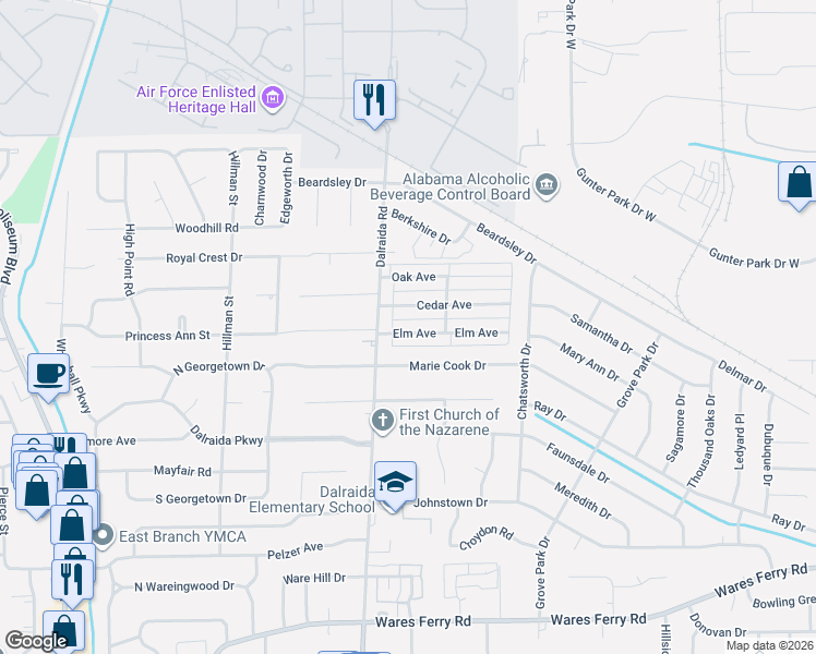 map of restaurants, bars, coffee shops, grocery stores, and more near 3813 Elm Avenue in Montgomery